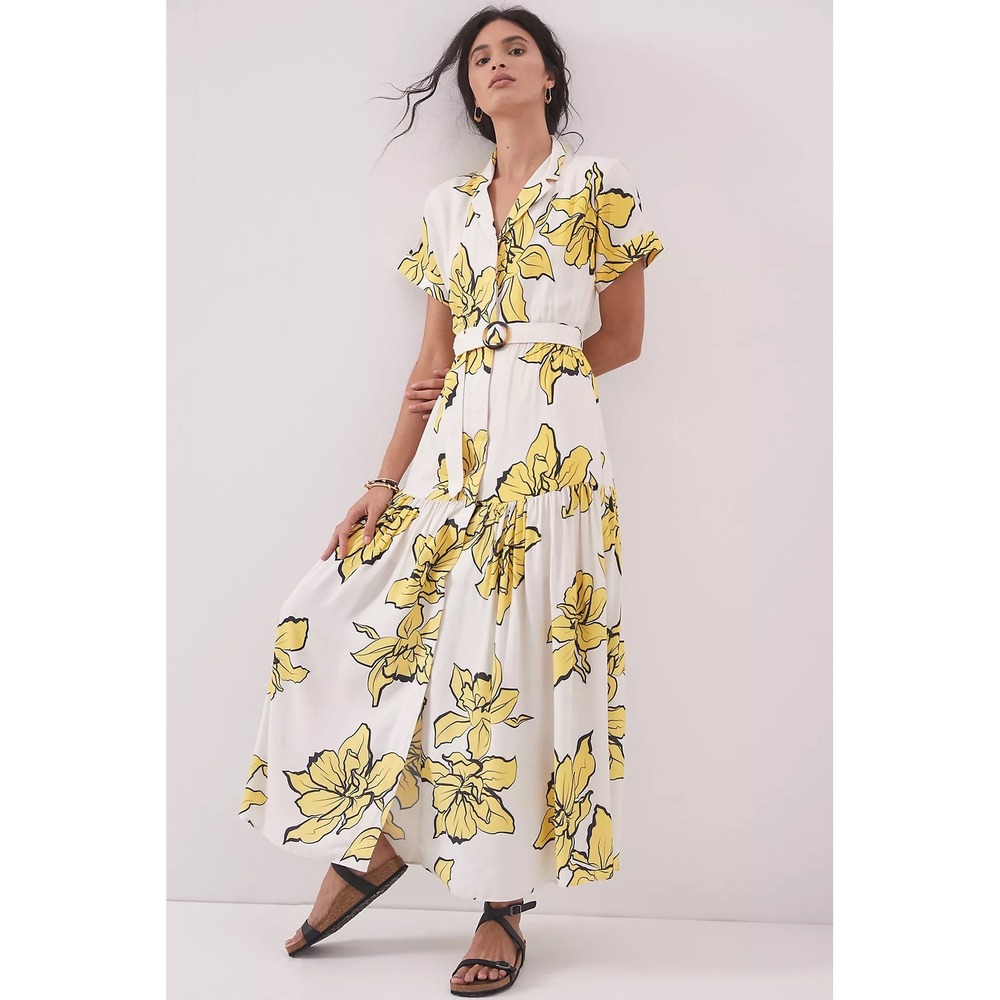 Anthropologie Hutch Saskia Maxi Dress Button Front Ivory Yellow‎ Floral XS Chic